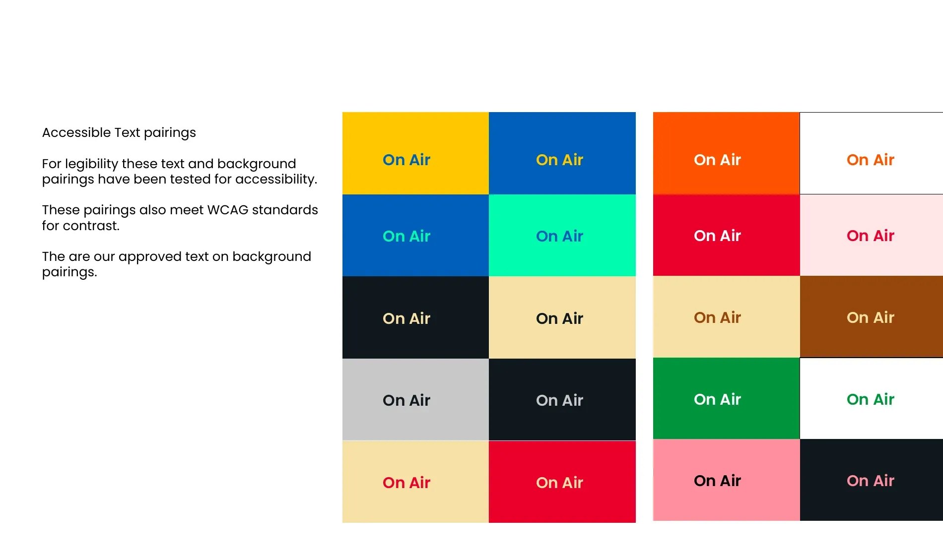 A grid of twenty approved text-on-background colour pairings, each showing the words On Air.