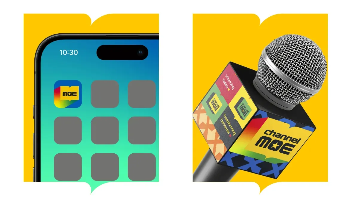 The Channel MOE app icon on a phone, and a branded microphone cube.