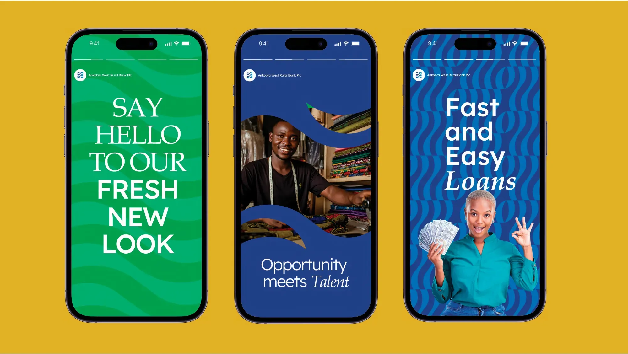 Three phone screens announcing the rebrand, showing customers and loan messaging.