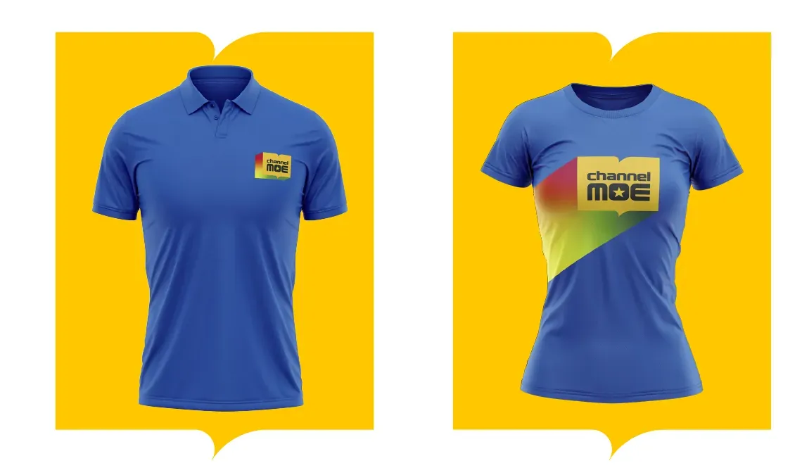 Polo shirt and t-shirt carrying the mark and the gradient.