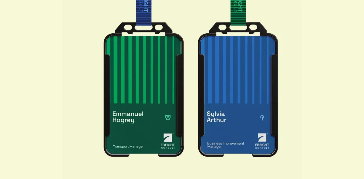 Two staff ID badges in green and blue with the striped brand pattern.