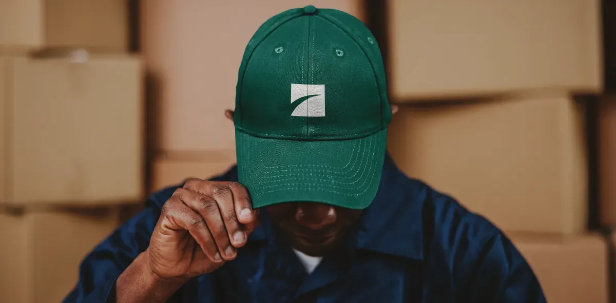A warehouse worker in a green Freight Consult cap.