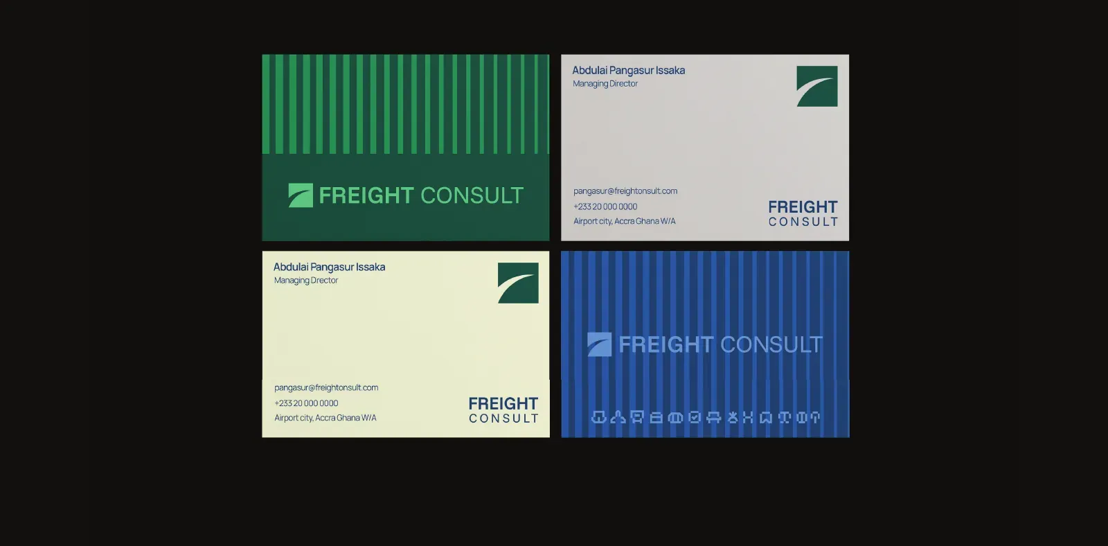 Four business card faces in green, blue, beige and grey.