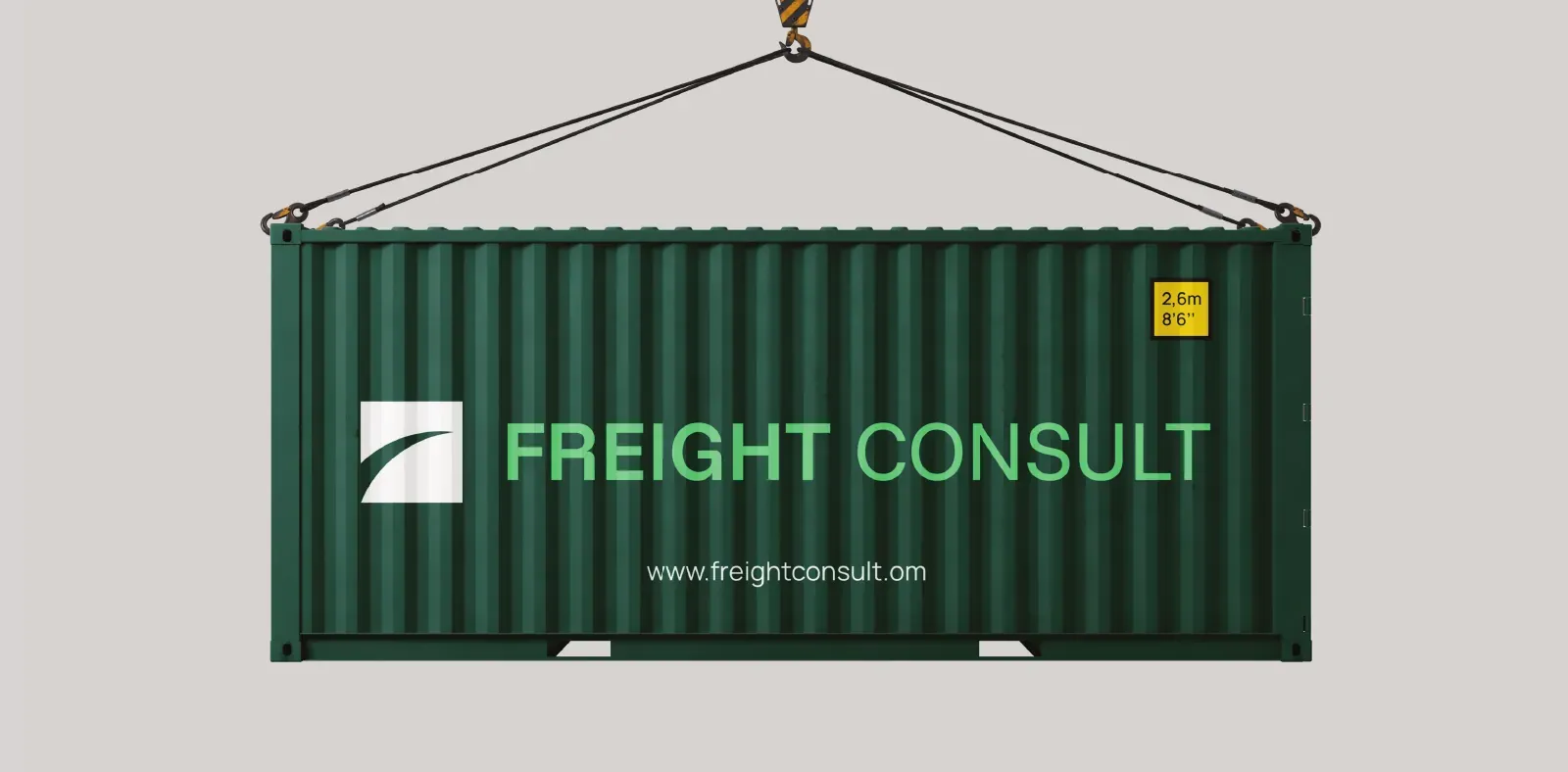 Shipping container in Brunswick Green with the Freight Consult lockup, suspended from a crane.