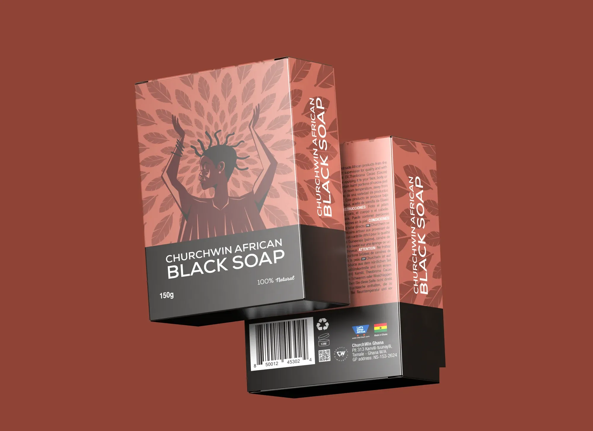 African black soap cartons in two sizes, the face carrying a drawn figure against a leaf pattern.