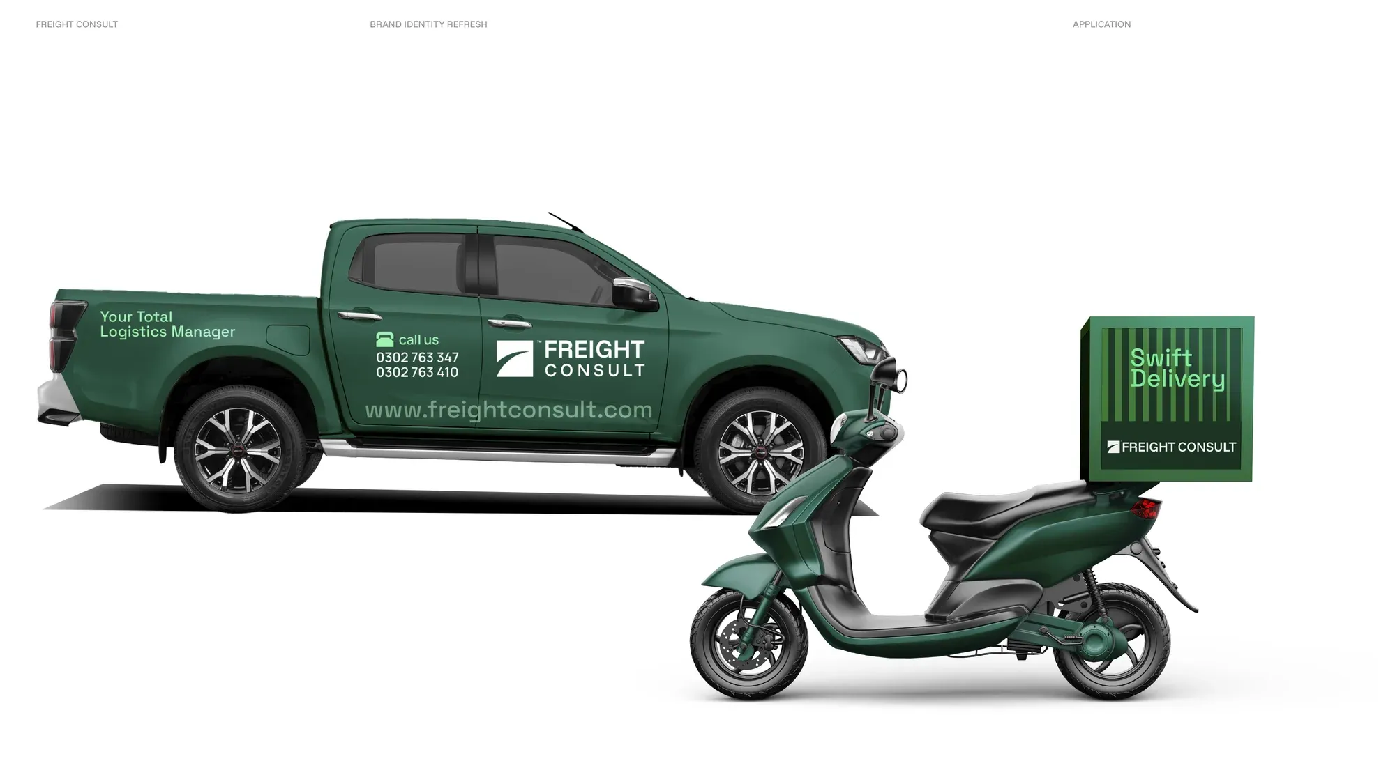 A liveried pickup truck and delivery scooter, both carrying the swoosh and the contact line.