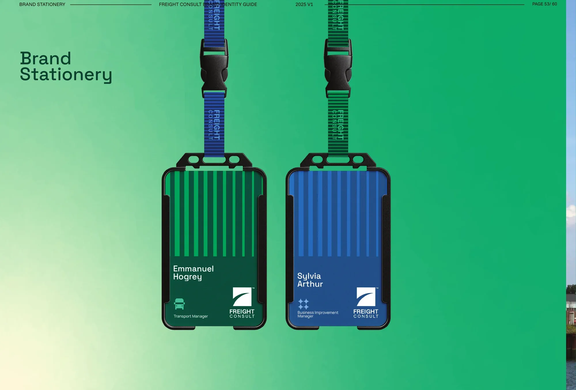 Two staff luggage tags, one green and one blue, striped and carrying names and roles.