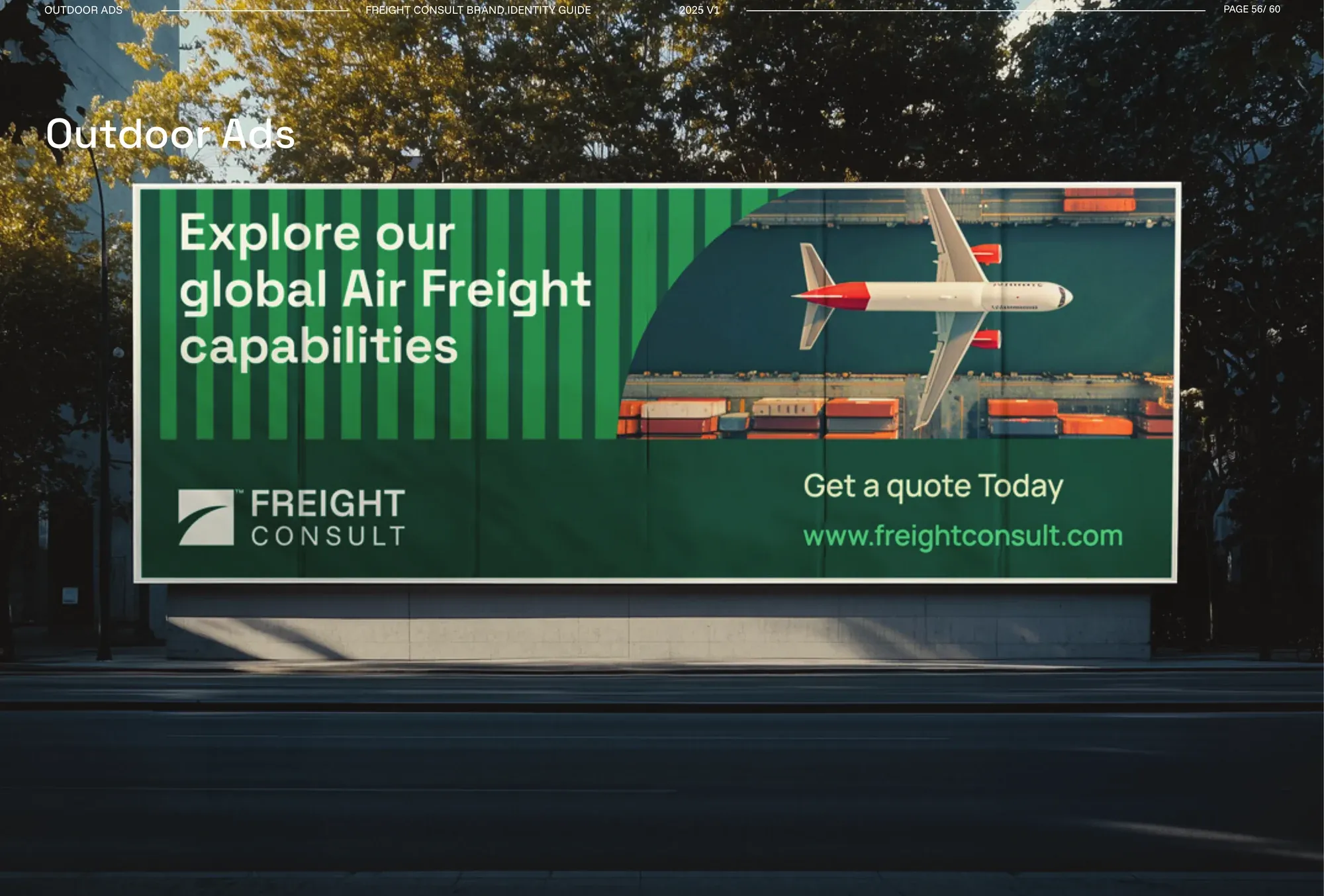 A roadside billboard advertising global air freight capability, a cargo aircraft above stacked containers.