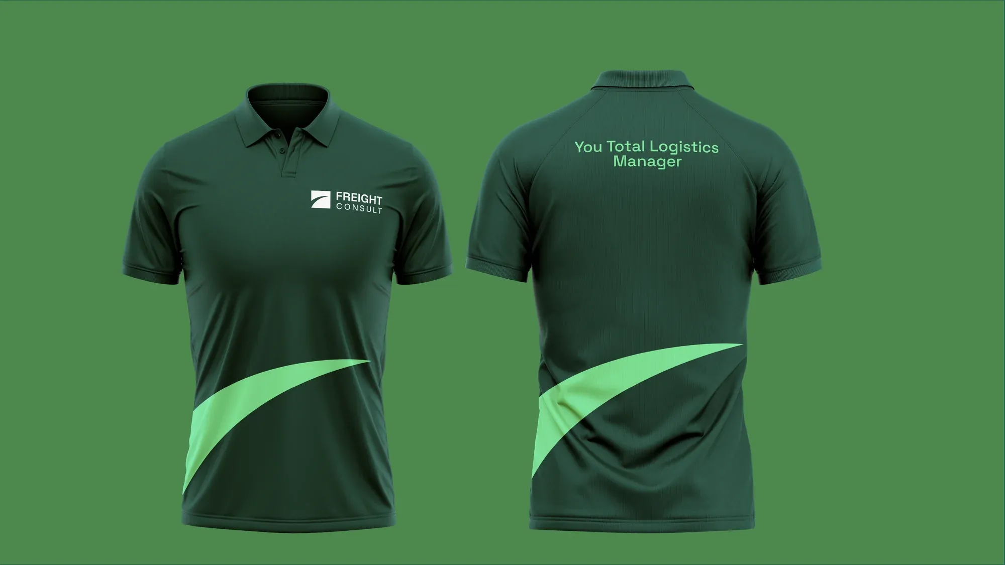 Front and back of a green polo shirt, the swoosh sweeping across the body in pale green.