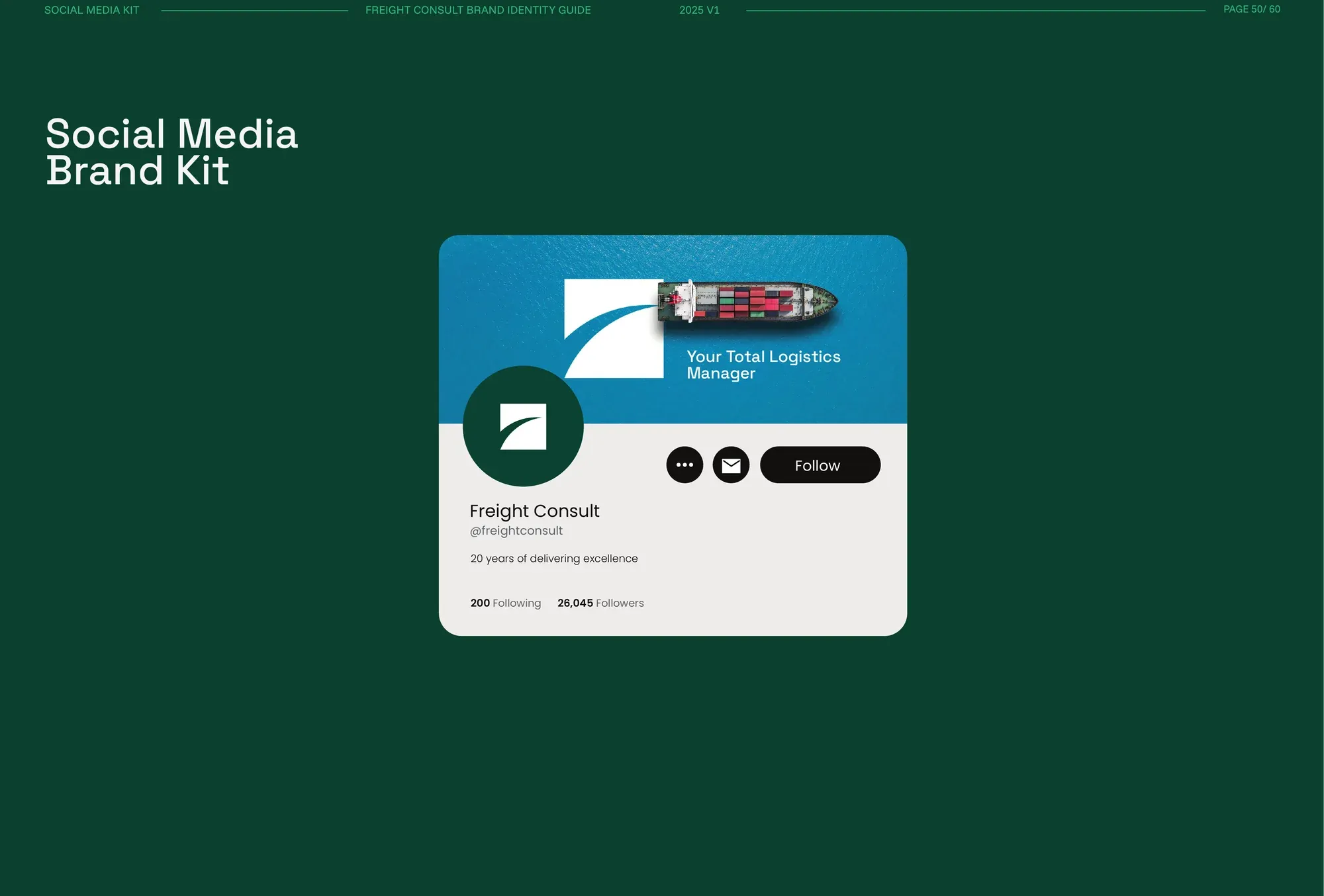 A social media profile card showing avatar, cover art and follower counts in the brand system.
