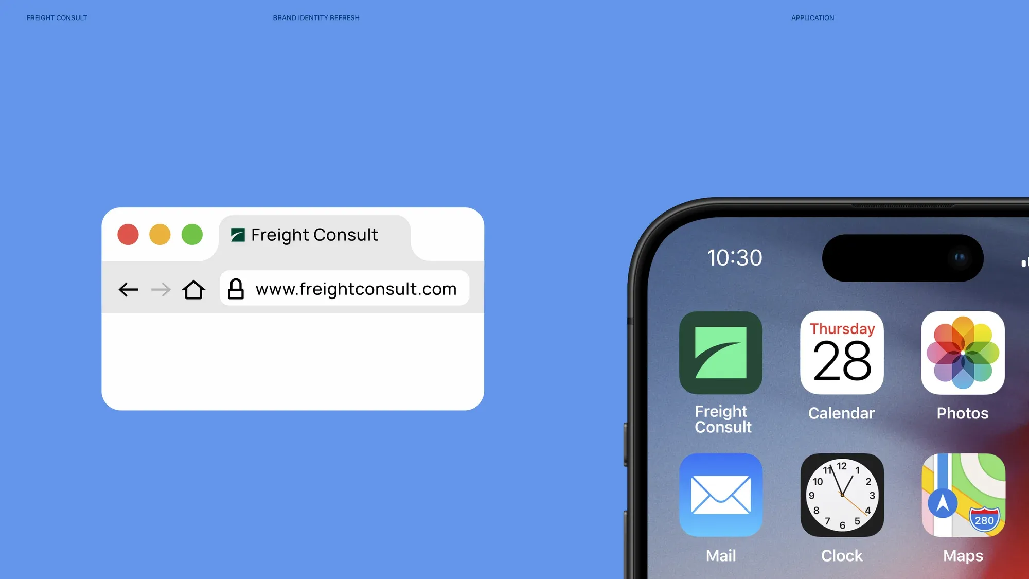 A browser window and a phone home screen on blue, showing the site and the app icon in place.