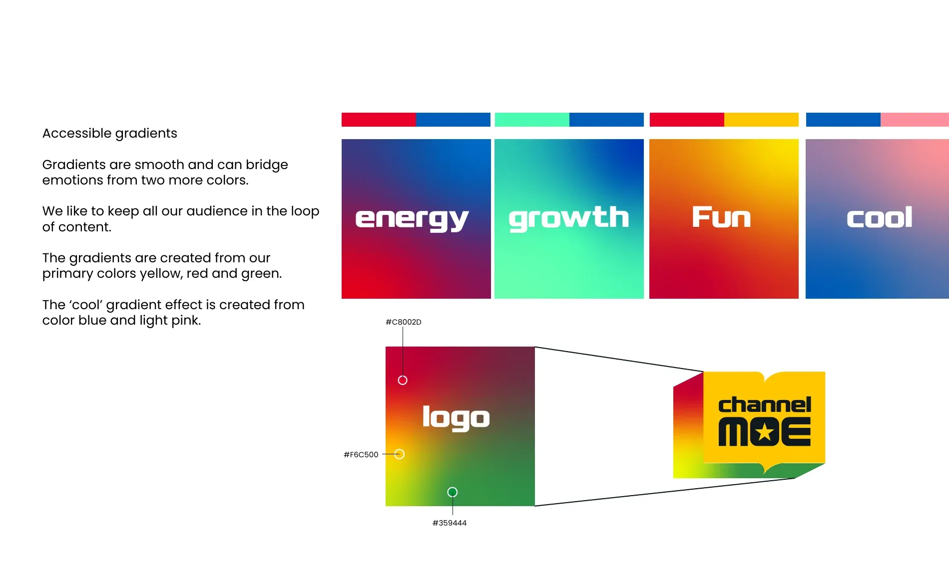 Four named gradients: energy, growth, Fun and cool, each built from the Channel MOE primaries.