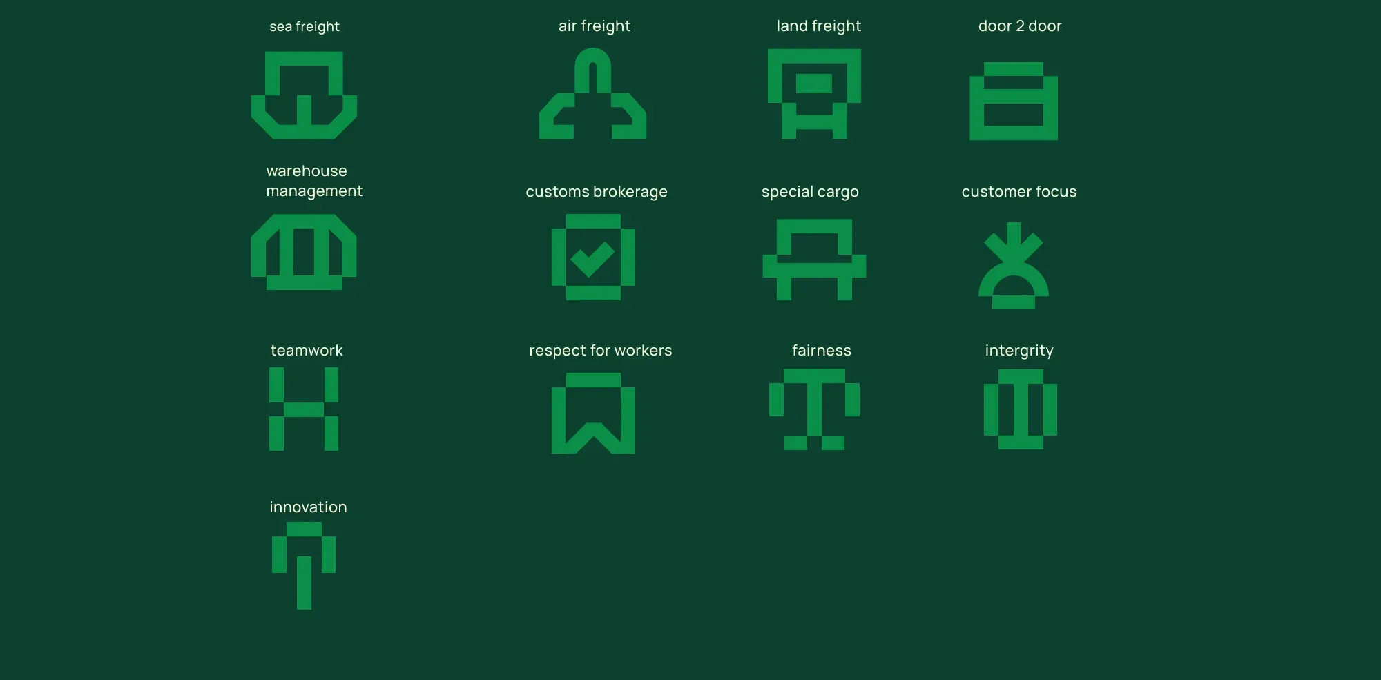 Thirteen custom icons for sea freight, air freight, land freight, warehousing, customs brokerage and the company values.