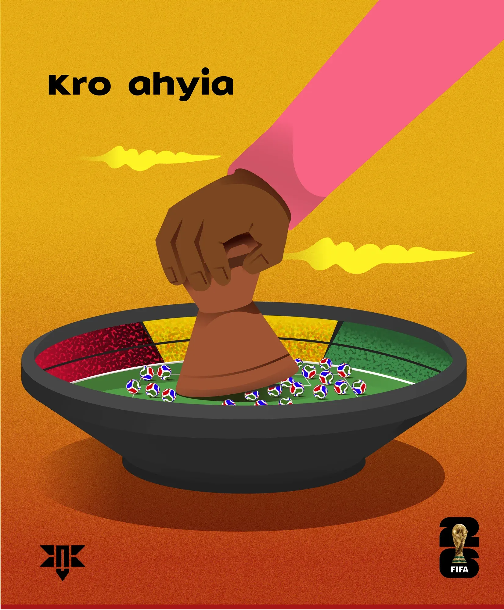 A drawn hand grinding a pestle into a mortar of turf and confetti, under the Twi headline Kro ahyia.