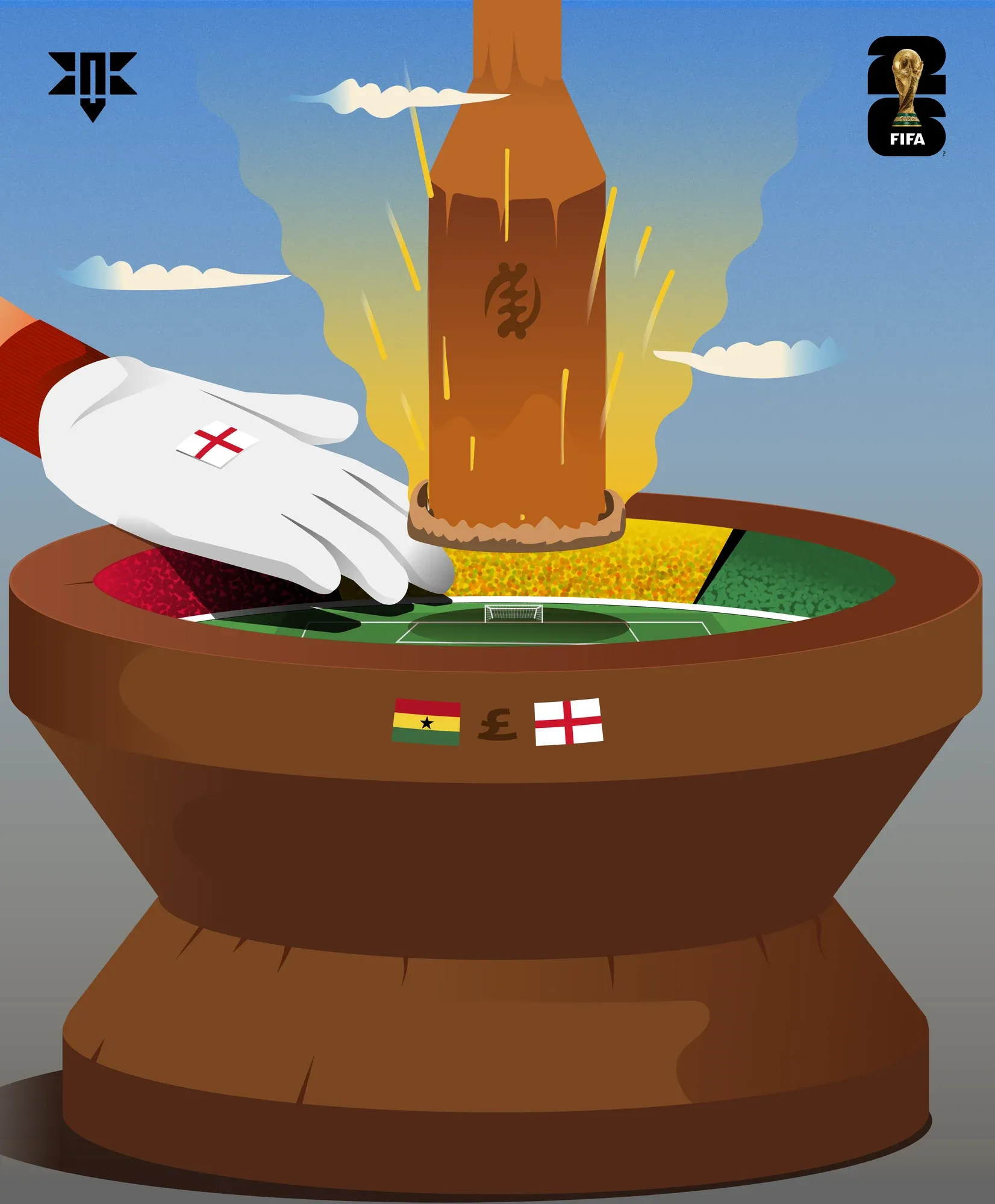 A drawn mortar holding a football pitch, a gloved hand lowering a landmark-shaped pestle into it above the two nations’ flags.