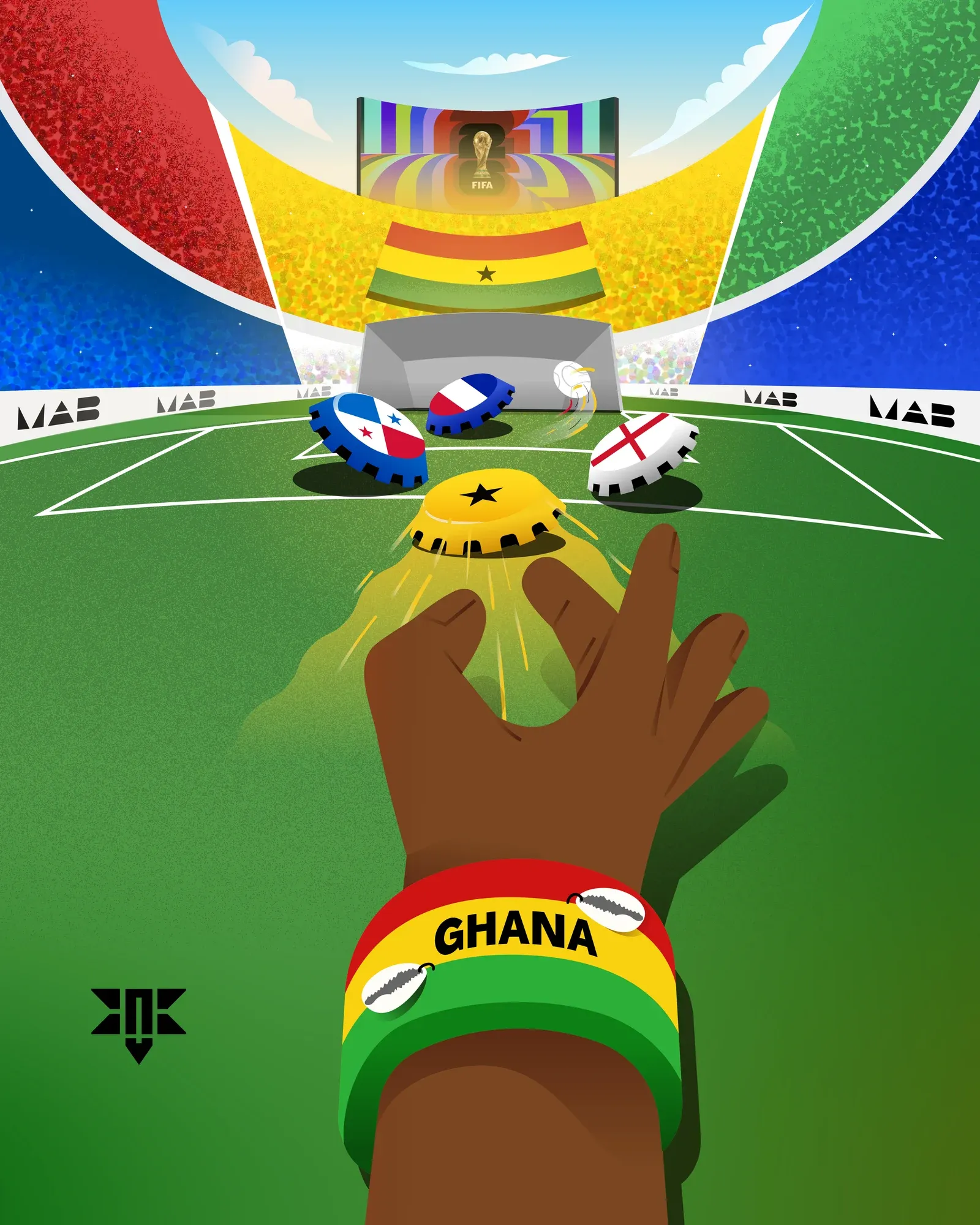 A drawn stadium scene seen from behind a supporter, hands raised holding a cap, a Ghana wristband on one wrist and the group flags on the screens above.