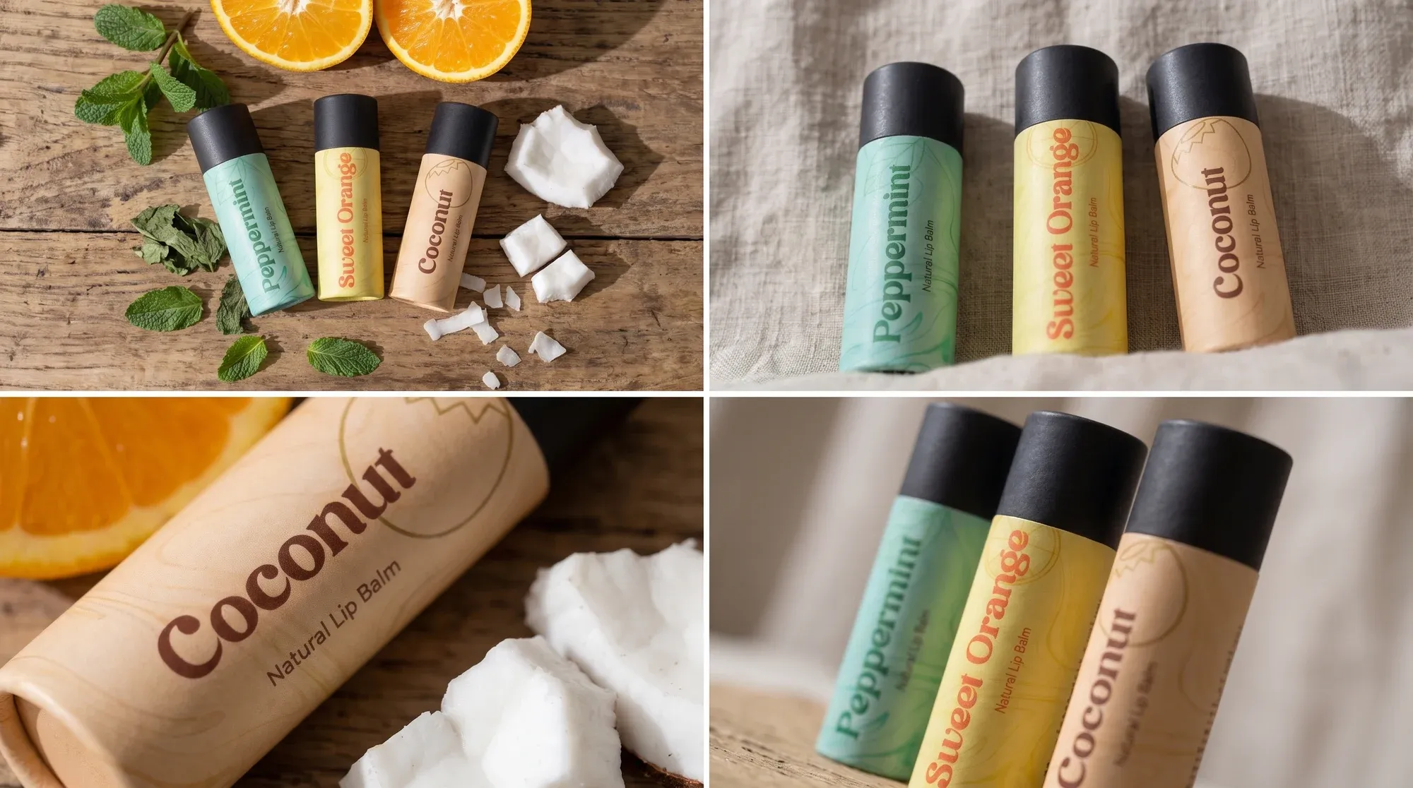 A four-panel product set showing the lip balm range flat-lain, standing, and held close.