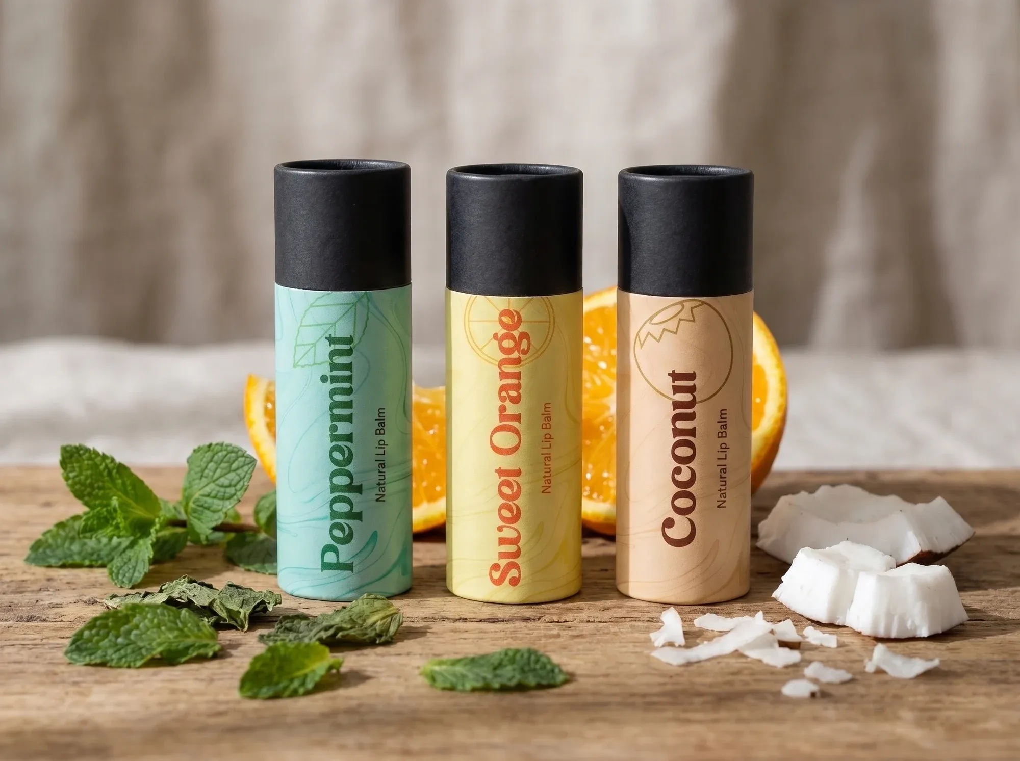 Three paperboard lip balm tubes — peppermint, sweet orange and coconut — on weathered wood, each ingredient laid beside it.