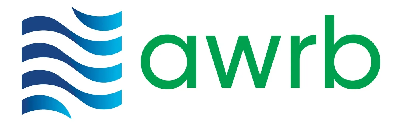 The refreshed lockup: four layered blue waves beside the awrb logotype in green.