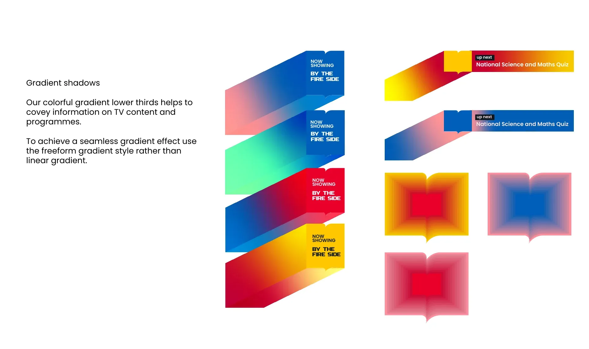 Gradient lower-third graphics reading Now Showing By The Fire Side and Up Next National Science and Maths Quiz.