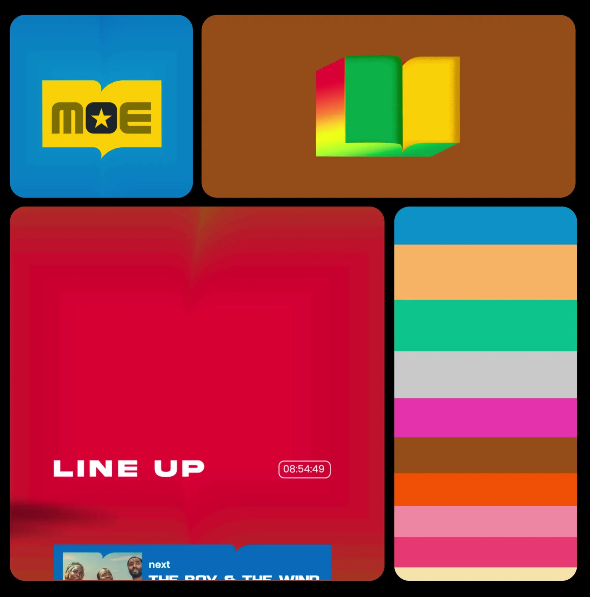 A bento-grid reel animating a broadcast identity — wordmark, colour bars, the open-book device and a social frame, cycling in sequence.