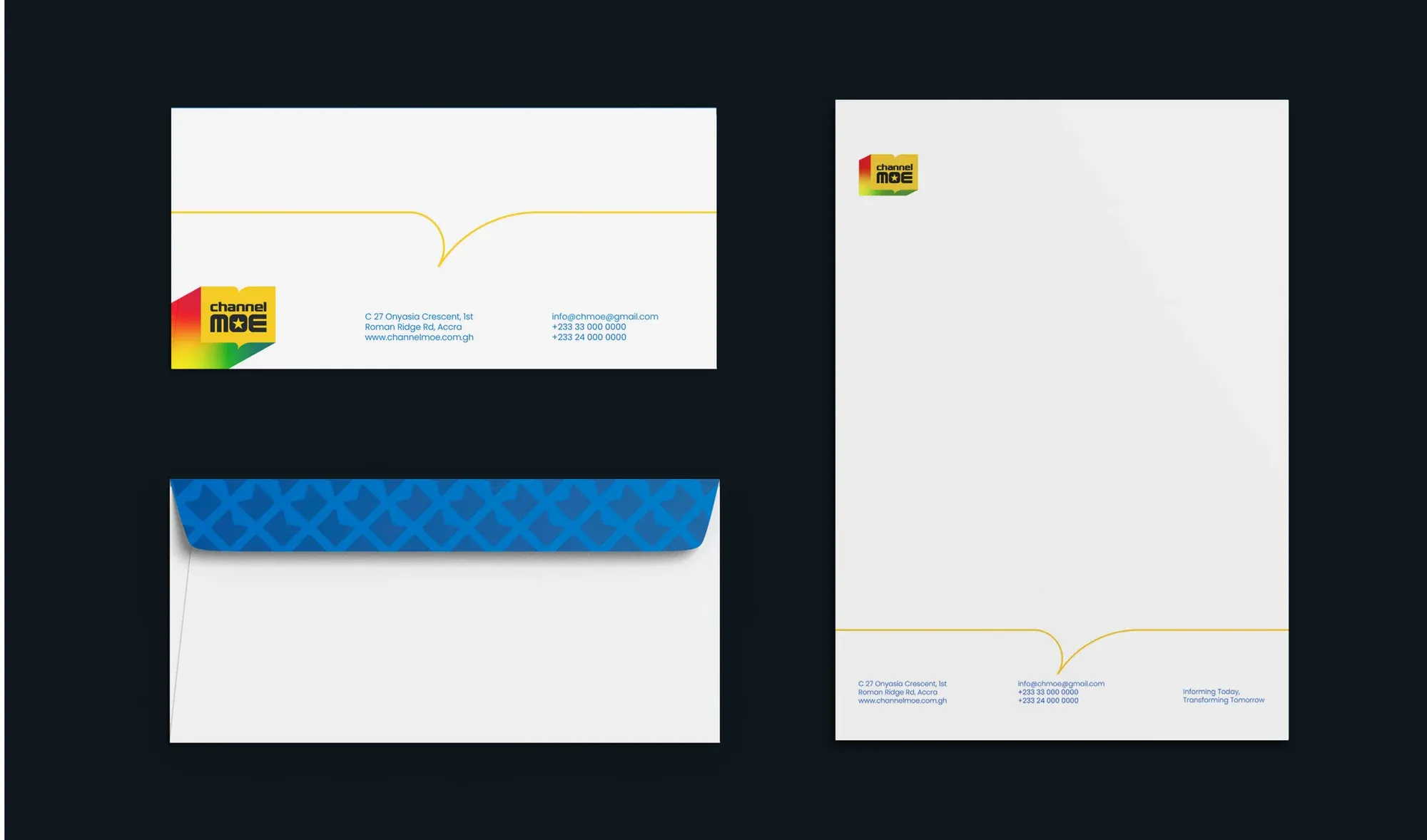 A broadcast channel social profile card in red, yellow and blue with a follow button.