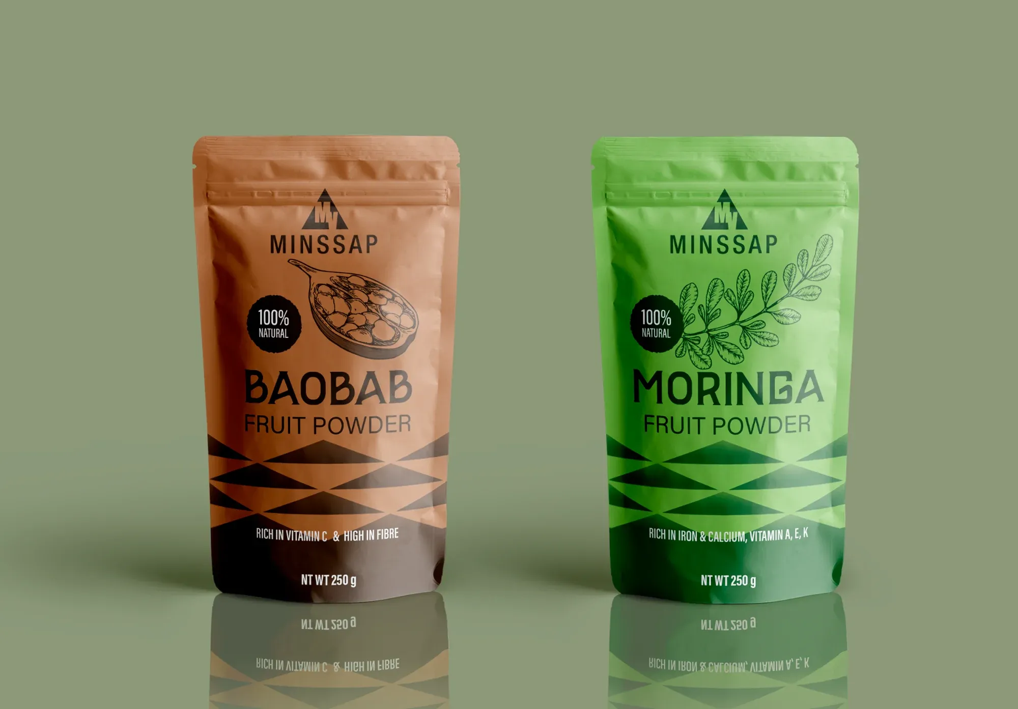 Baobab and moringa fruit powder pouches in orange and green, standing on a sage field.