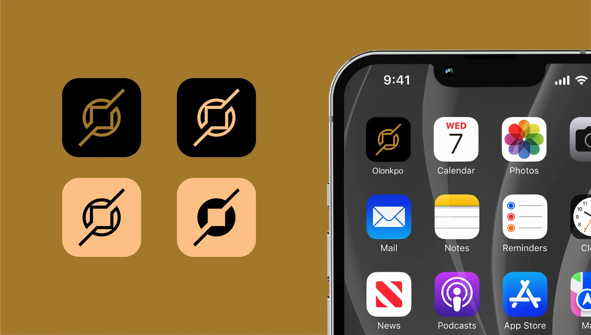 Four app icon colourways beside a phone home screen carrying the black-and-gold version.
