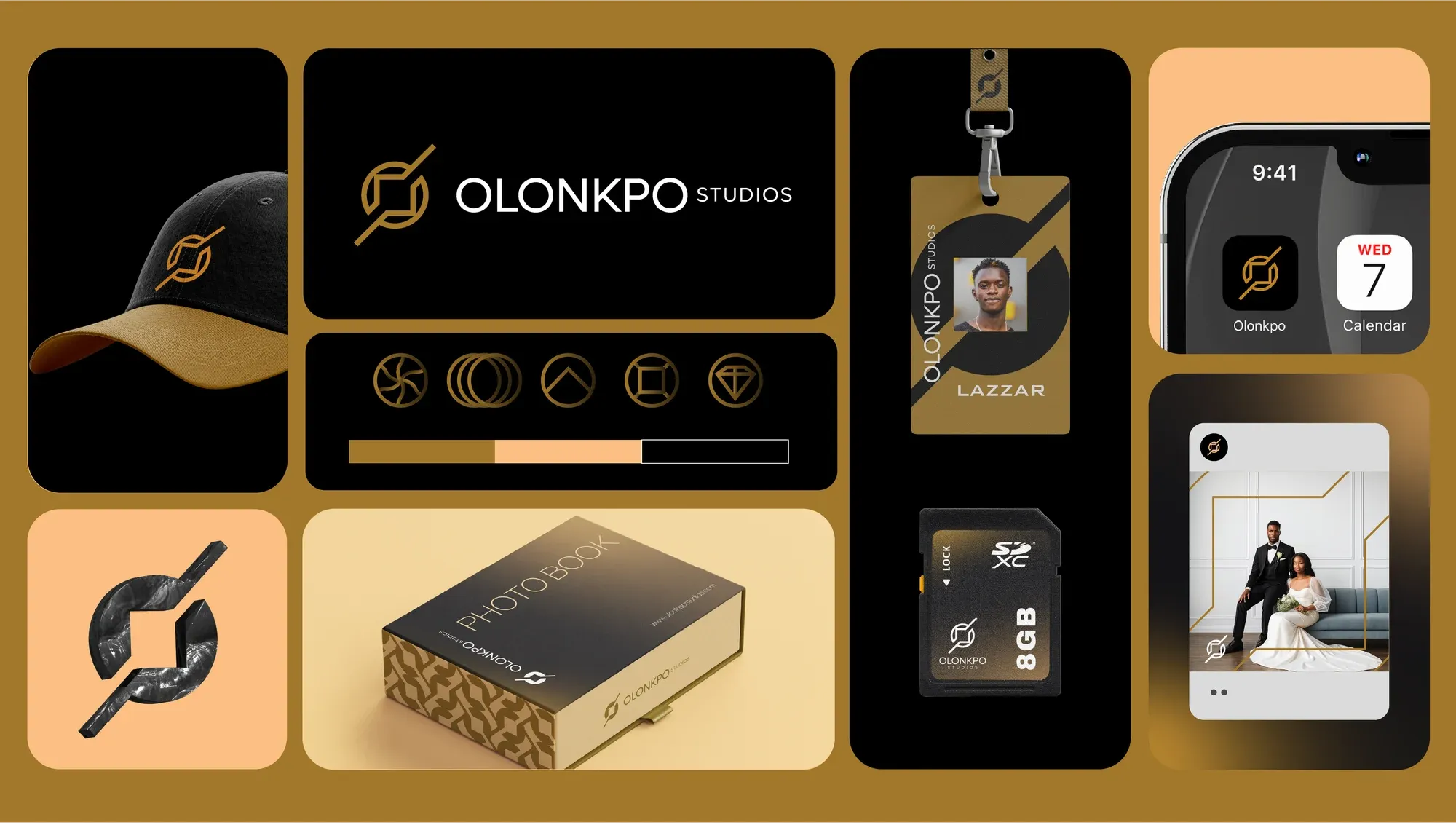 A bento-grid overview of the identity — wordmark, cap, lanyard, packaging, app icons and colourways together.