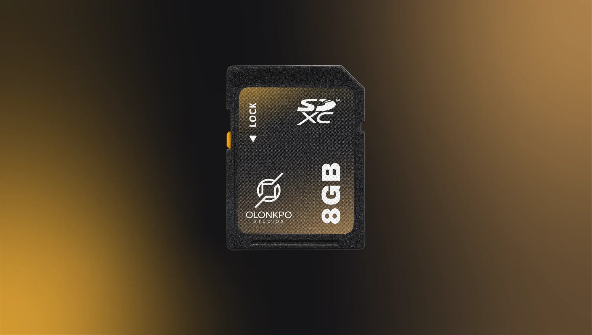 A branded memory card lit against a dark gold gradient.