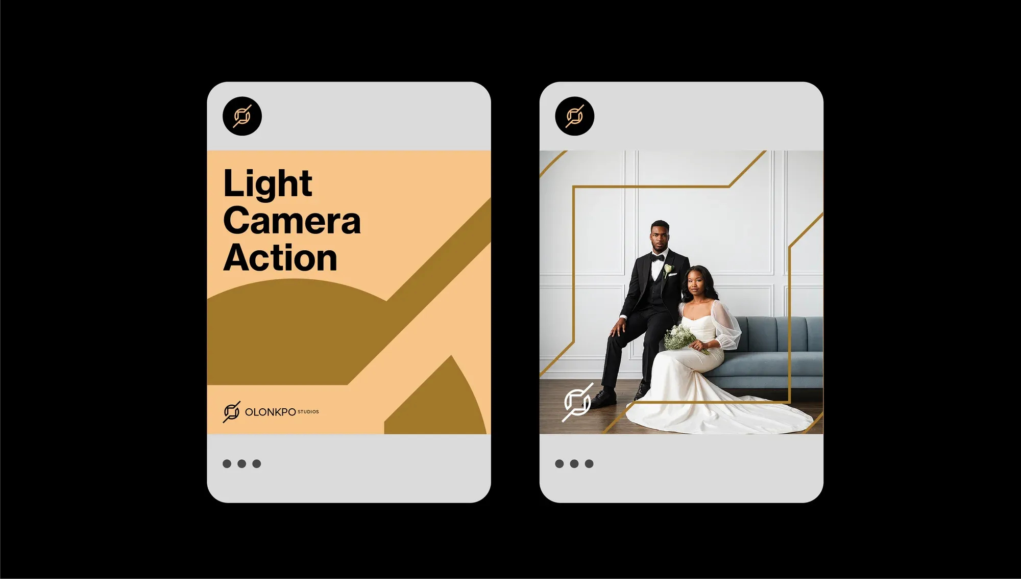 Two social post templates reading light, camera, action — one typographic, one a wedding portrait.