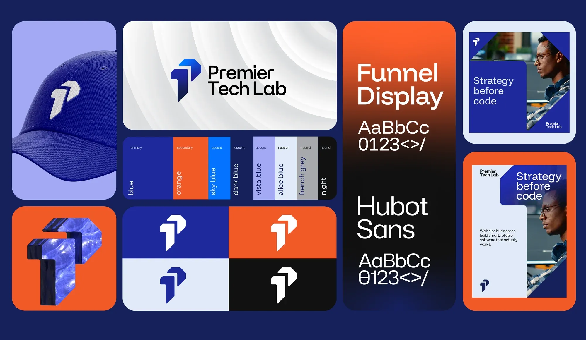 A bento-grid overview of the identity — mark, colour, typefaces, cap, cards and applications on one board.