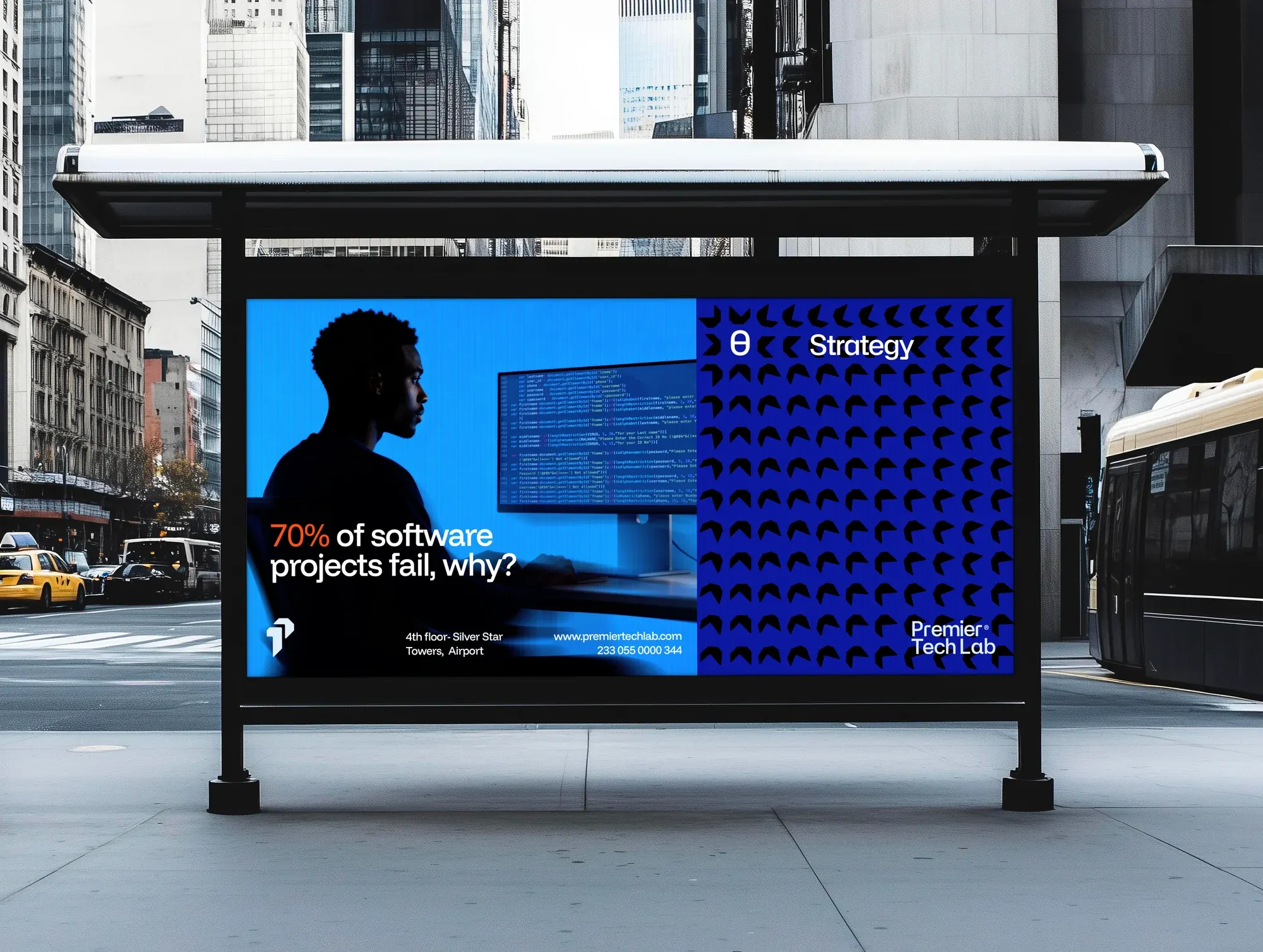 A city bus-shelter poster asking why seventy per cent of software projects fail, split between a photograph and a dense blue pattern field.