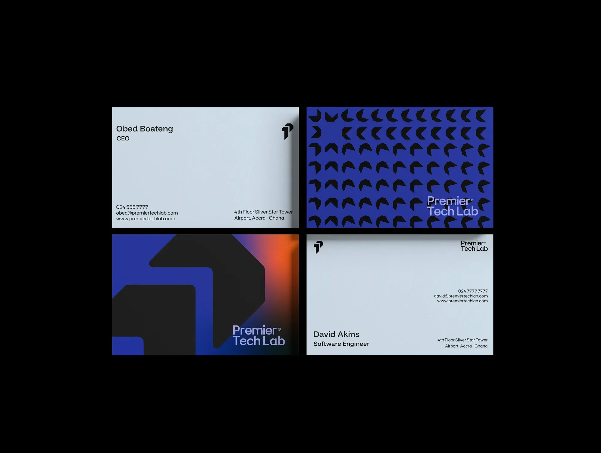 Four business cards on black — two typographic, two carrying the pattern and a cropped graphic device.