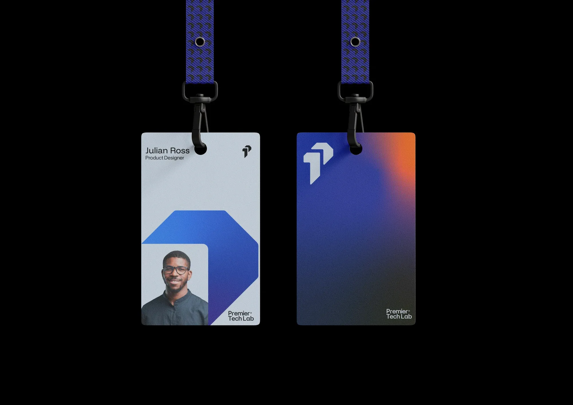 Two lanyard identity cards, one carrying a staff portrait and one the mark on a blue-to-orange gradient.