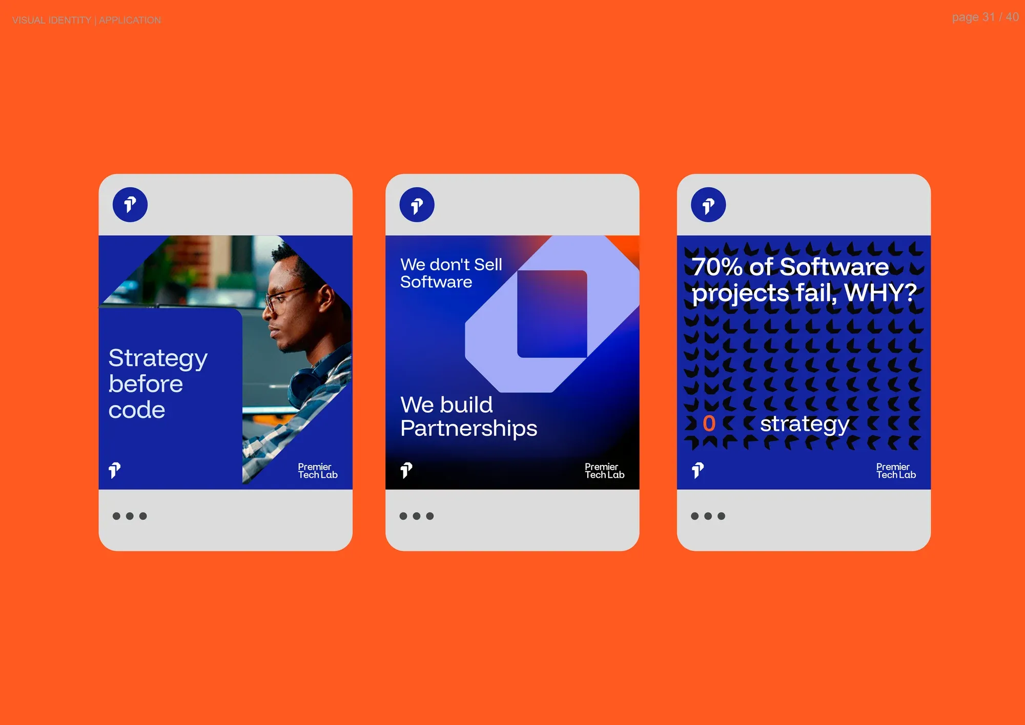 Three social post templates on an orange field, each pairing a headline with a photograph or the brand pattern.