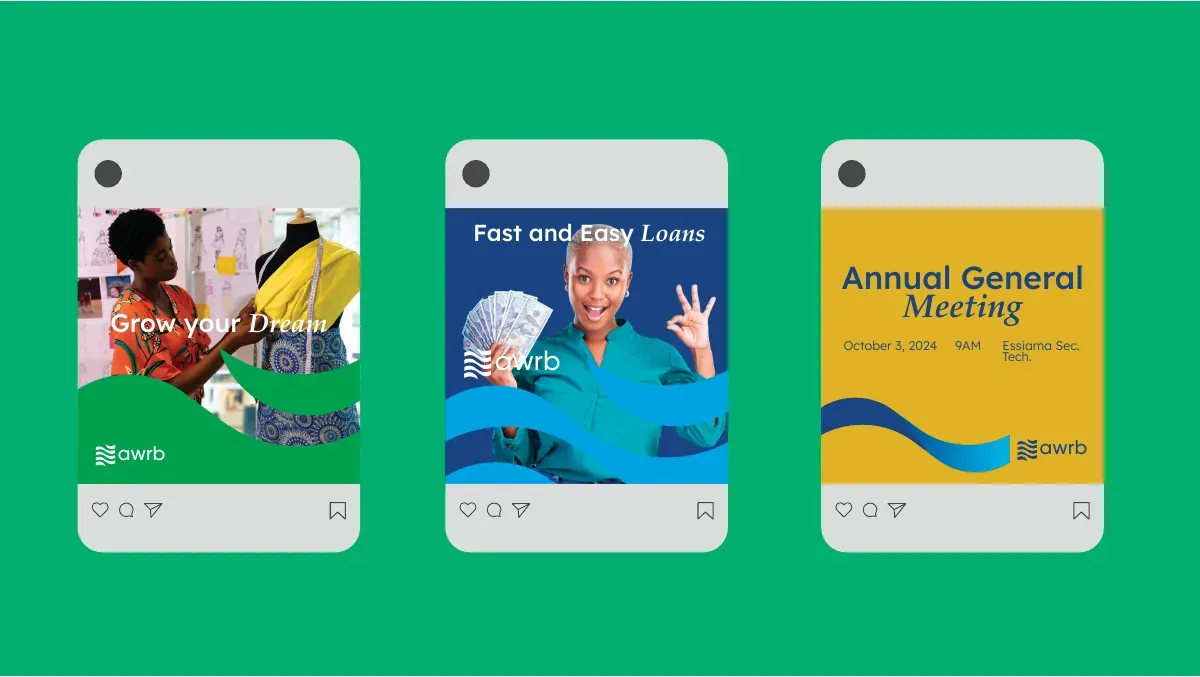 Three social posts covering savings, loans and the annual general meeting.