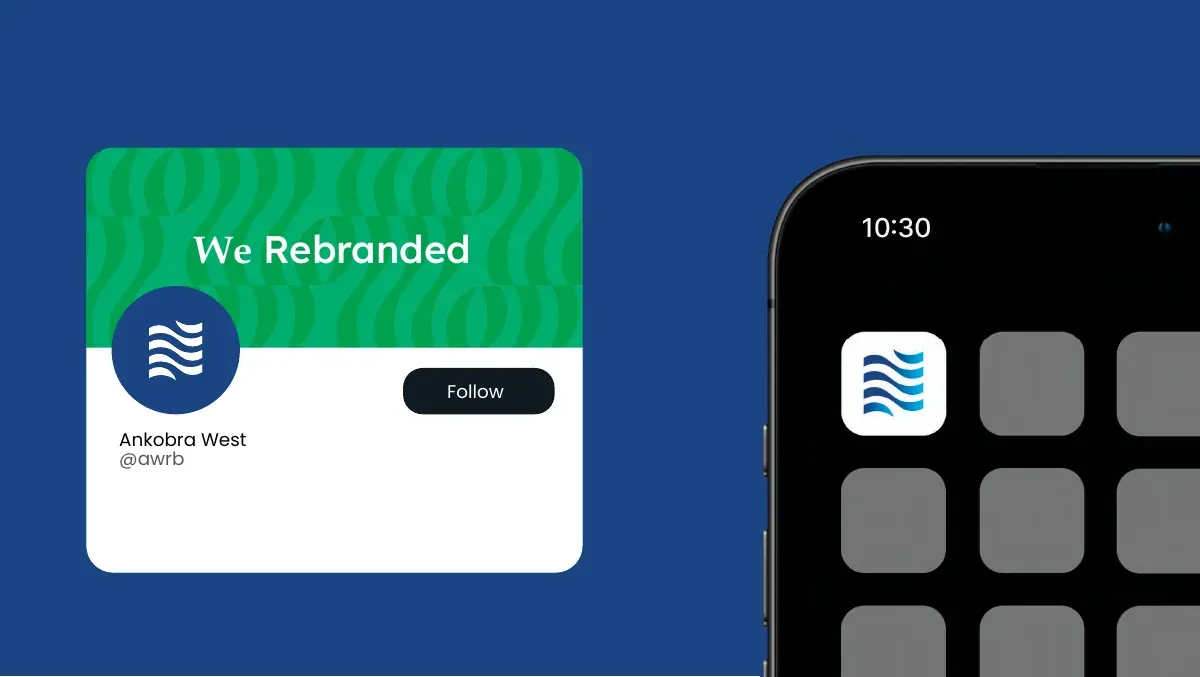Social profile reading We Rebranded, alongside the app icon on a phone.