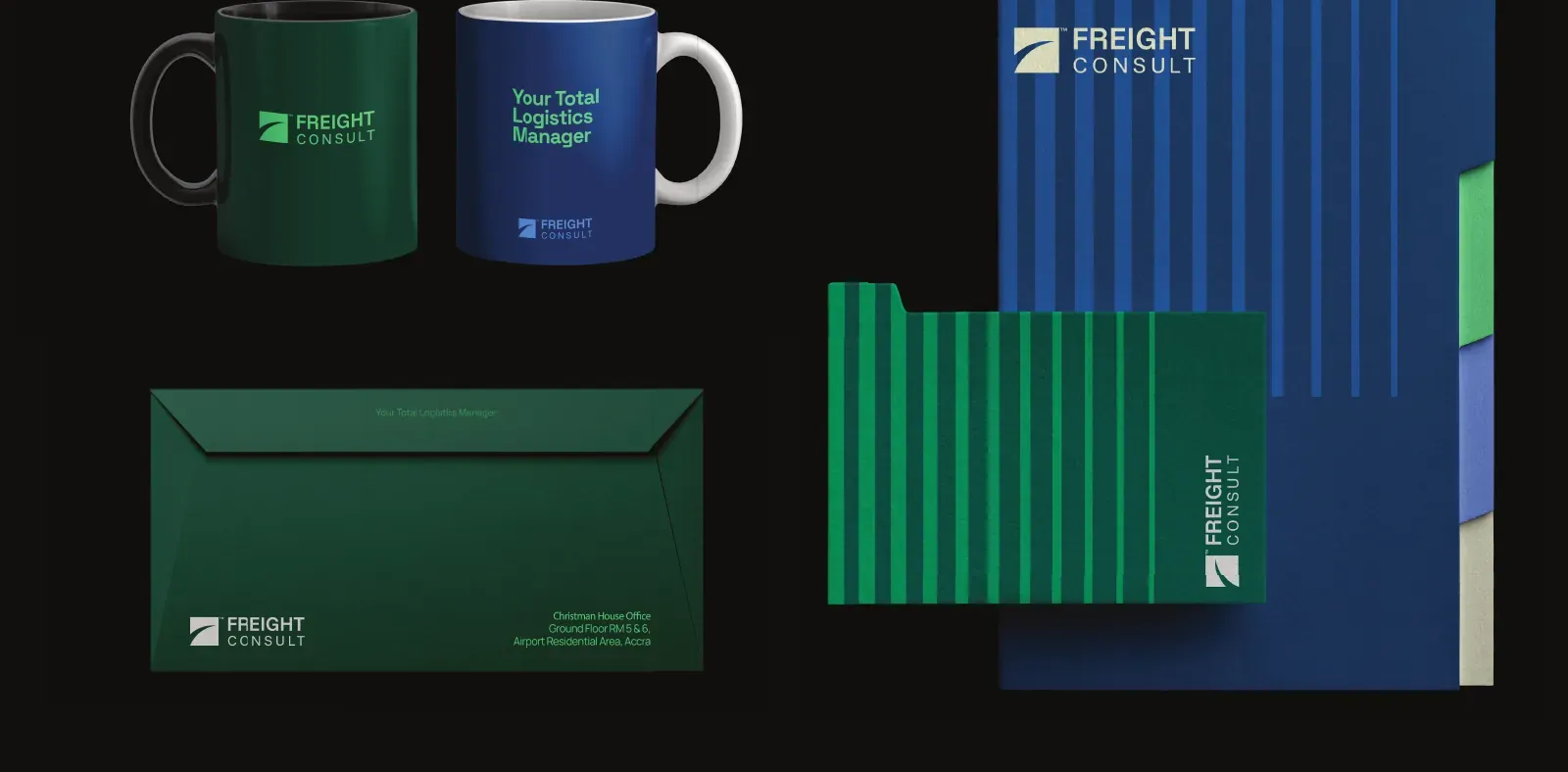 Mugs, envelope and document folders in the Freight Consult palette.