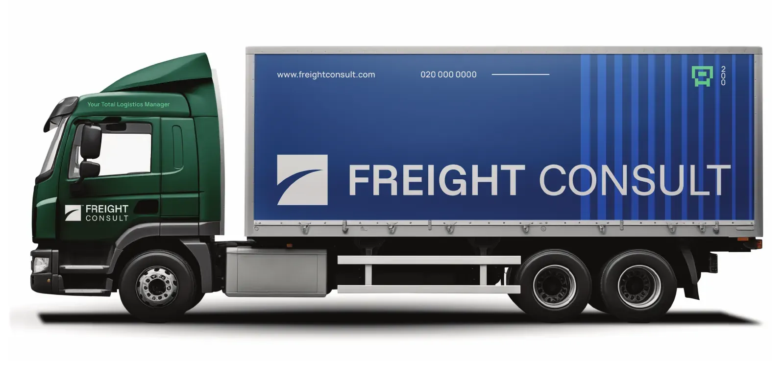Articulated truck with a Brunswick Green cab and Berkeley Blue trailer carrying the identity.