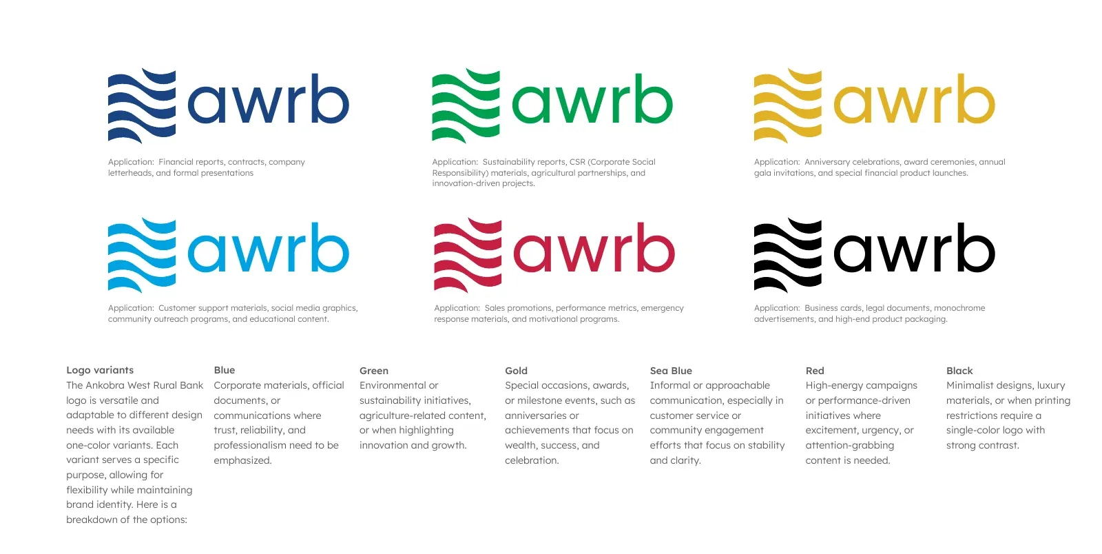 Six one-colour logo variants in navy, green, gold, sea blue, red and black.